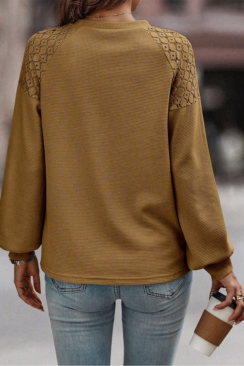Lace Shoulder Waffle Knit Raglan Long Sleeve Top